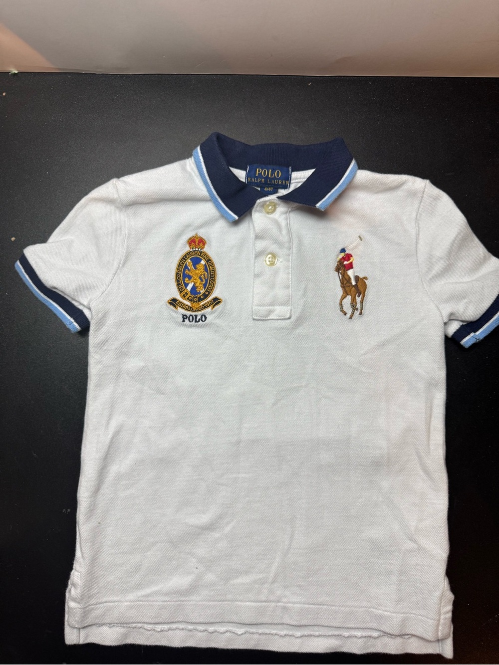 Ralph Lauren White Polo Shirt with Navy Trim and Embroidered Crest